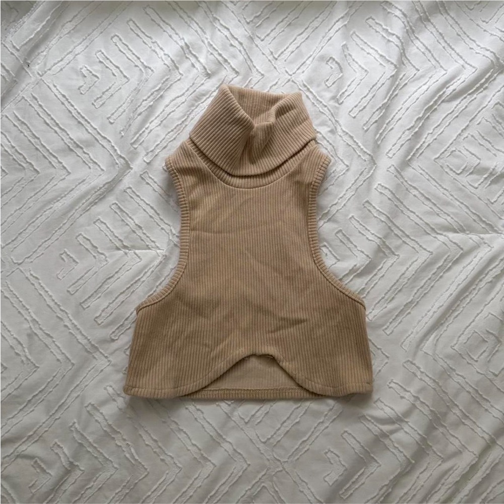 Tan Ribbed Sleeveless Turtleneck Crop Top